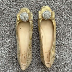 Kate Spade Leather Gold Flats with Rhinestone Bows
